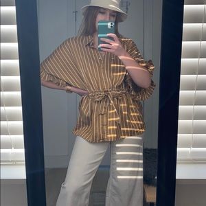 Zara yellow striped ruffle sleeve conch waist top